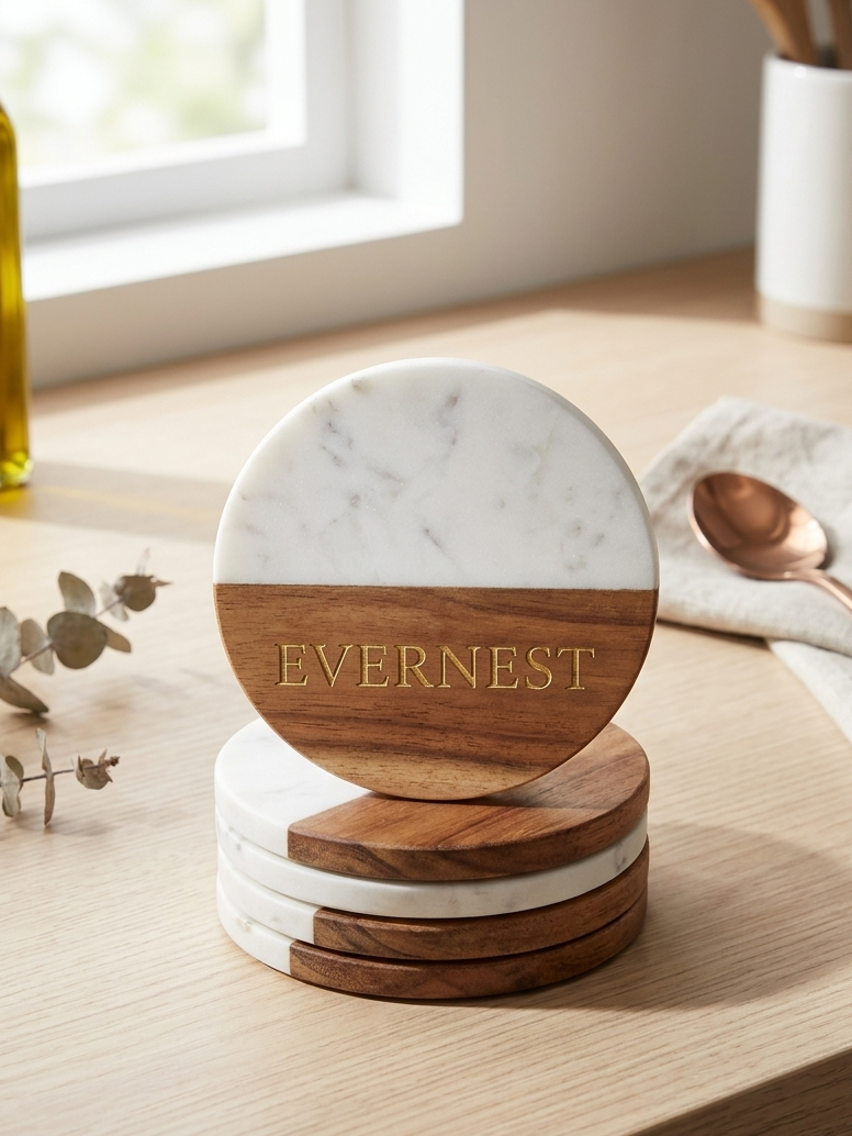 Custom Marble & Acacia Wood Coaster Set (Set of 4)