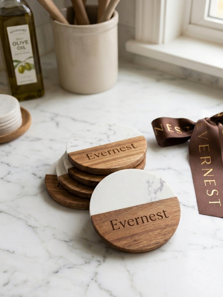 Custom Marble & Acacia Wood Coaster Set (Set of 4)