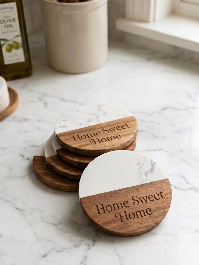 Custom Marble & Acacia Wood Coaster Set (Set of 4)